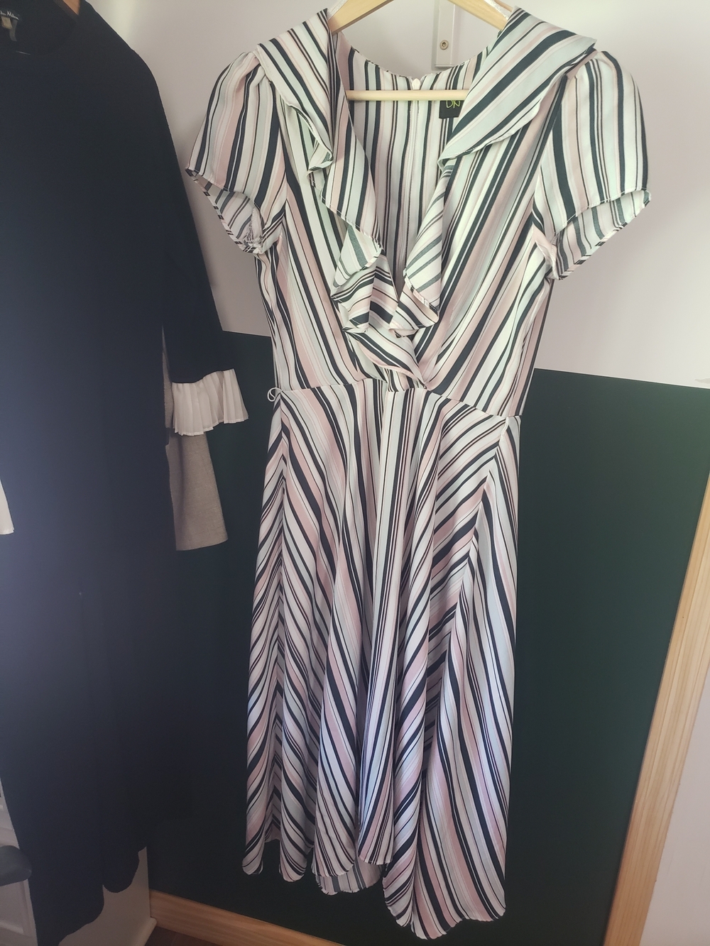 Striped Ruffle V-Neck Midi Dress in Pastel Pink, Mint & Black - Feminine Fit
